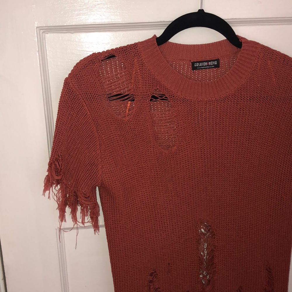 Distressed short sleeve sweater